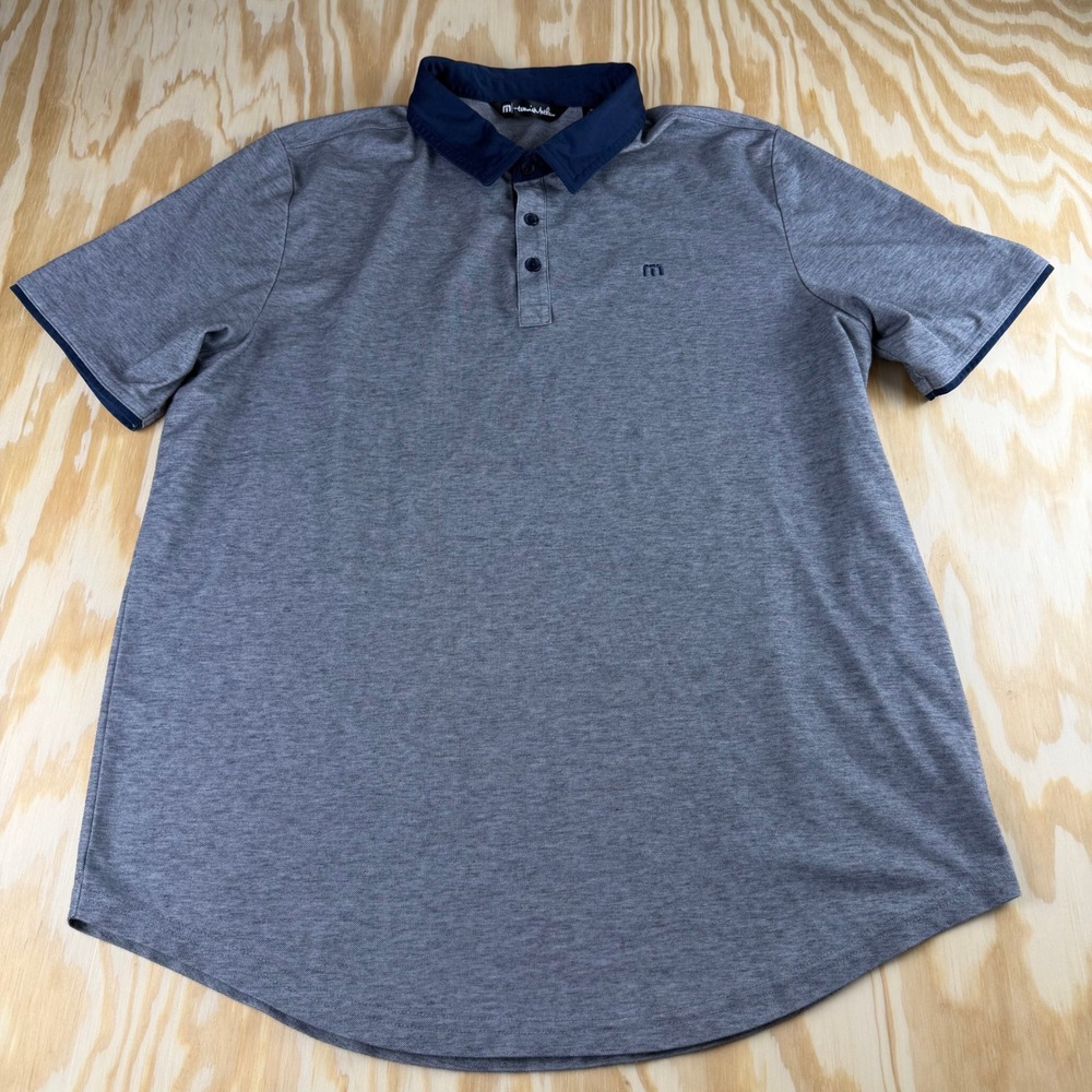 TravisMathew Mens XL Gray Navy Blue Contrast Trim‎ Short Sleeve Golf Polo Shirt
